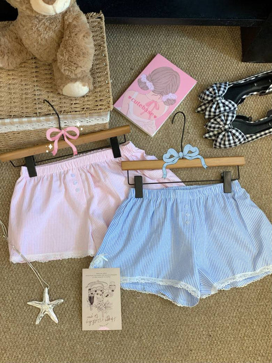 Pastel striped high-waist lounge shorts with lace trim for women – soft girl summer style from OOTDAY