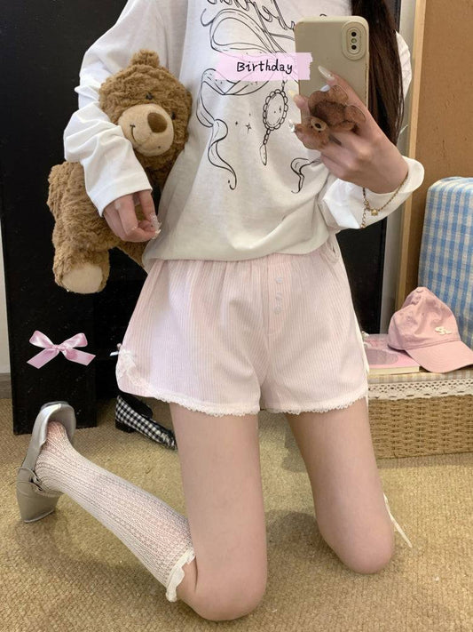 Pastel striped high-waist lounge shorts with lace trim for women – soft girl summer style from OOTDAY