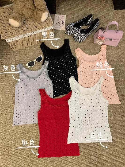 polka dot camisole, lace trim summer top, Korean fashion tank top, cute camisole for girls, OOTDAY lace cami