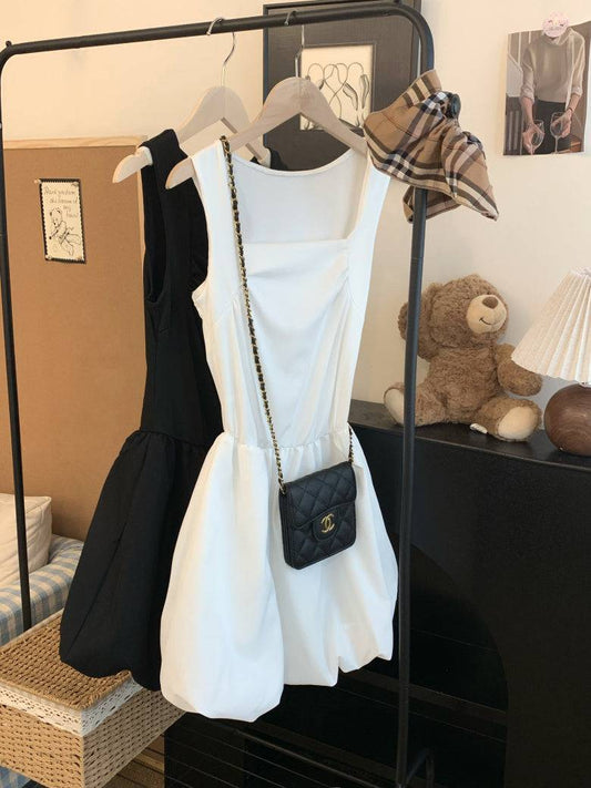 French puff dress for petites, Hepburn style summer dress, sleeveless puff skirt outfit, black white camisole dress, OOTDAY elegant dress