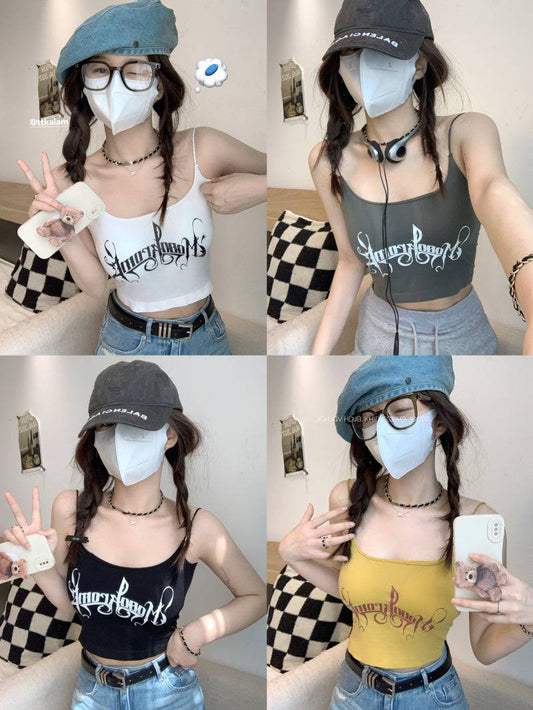 letter print camisole with built-in bra, cropped summer tank top, padded cami for women, hot girl streetwear top, stretchy fitted cami OOTDAY