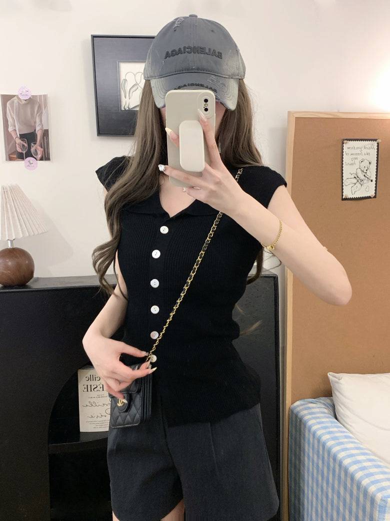 polo collar sleeveless knit cardigan, black knit summer vest, chic buttoned top, youthful slim fit knitwear, versatile summer knit vest