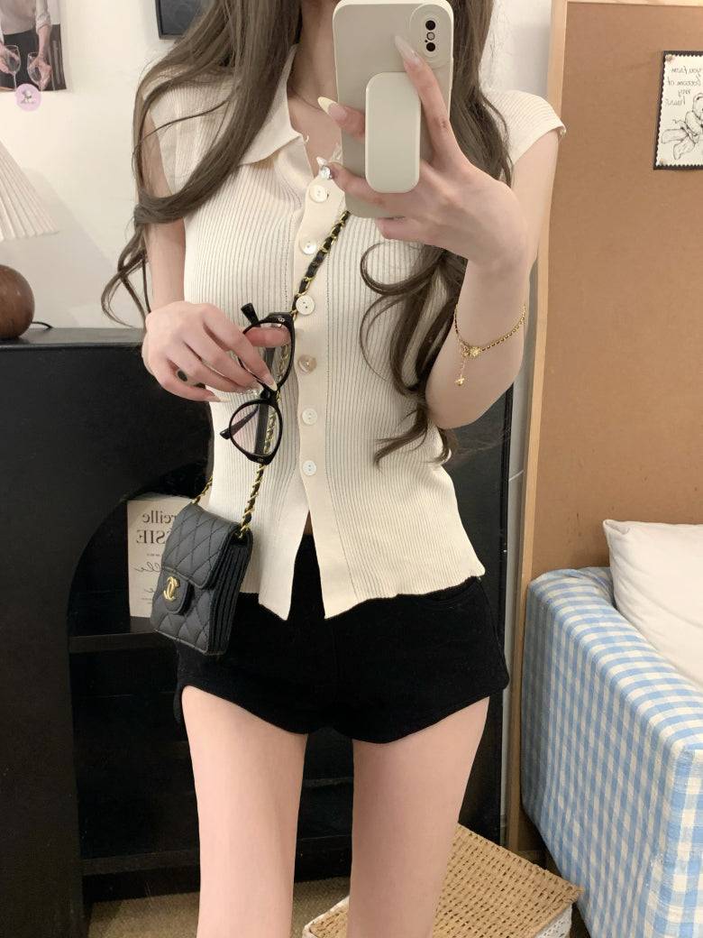 polo collar sleeveless knit cardigan, black knit summer vest, chic buttoned top, youthful slim fit knitwear, versatile summer knit vest