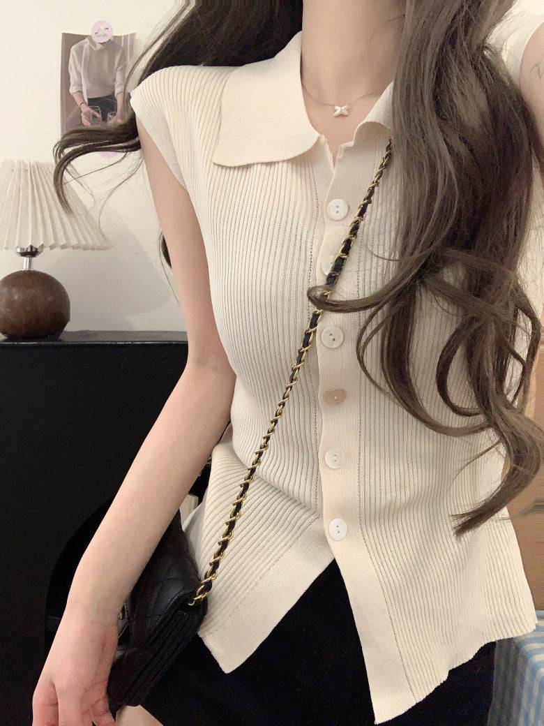 polo collar sleeveless knit cardigan, black knit summer vest, chic buttoned top, youthful slim fit knitwear, versatile summer knit vest