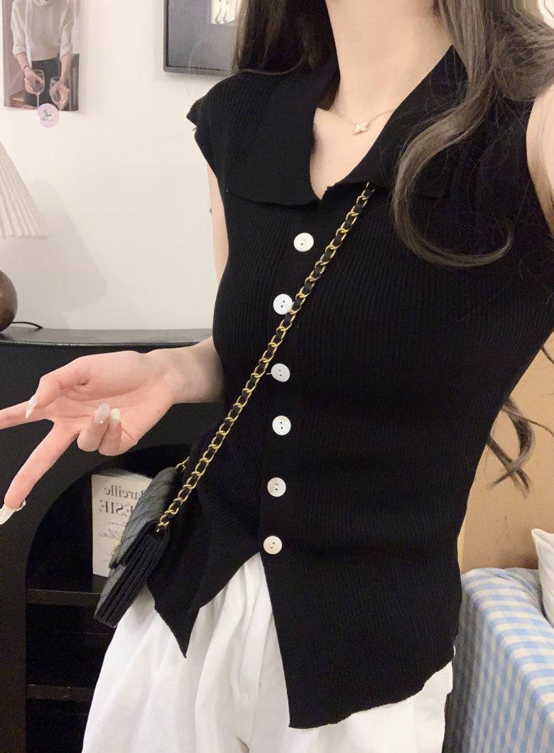 polo collar sleeveless knit cardigan, black knit summer vest, chic buttoned top, youthful slim fit knitwear, versatile summer knit vest