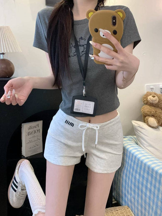 high-waisted sporty shorts, drawstring A-line shorts, sweet summer hot pants, casual athletic shorts for women, preppy style sporty shorts