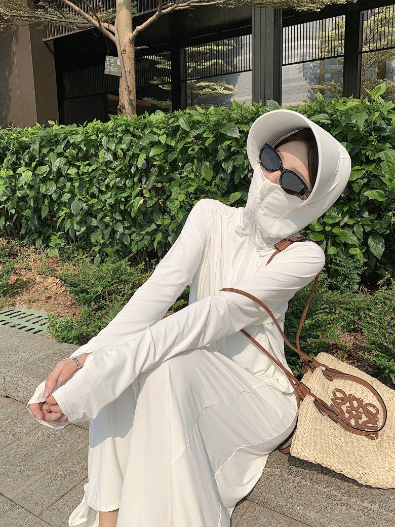 ultra-long sun protection coat, ice silk UV cover-up, lightweight summer sun jacket, full body sunblock clothing, breathable sweet style sunscreen coat