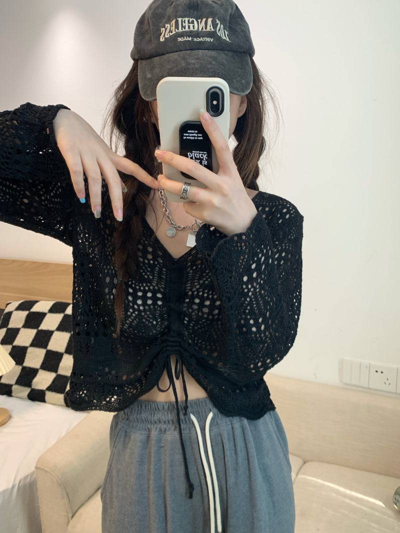 korean hollow-out knit pullover, lightweight summer knit top, v-neck drawstring knitwear, loose fit sun protection sweater, korean style summer layering top