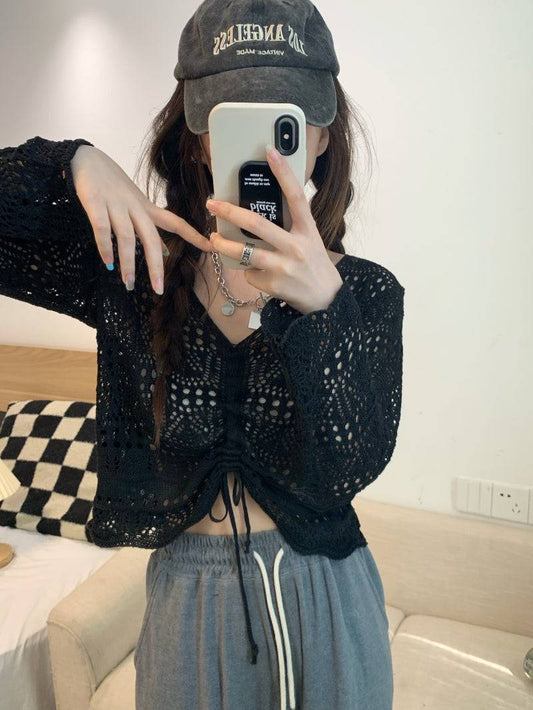korean hollow-out knit pullover, lightweight summer knit top, v-neck drawstring knitwear, loose fit sun protection sweater, korean style summer layering top