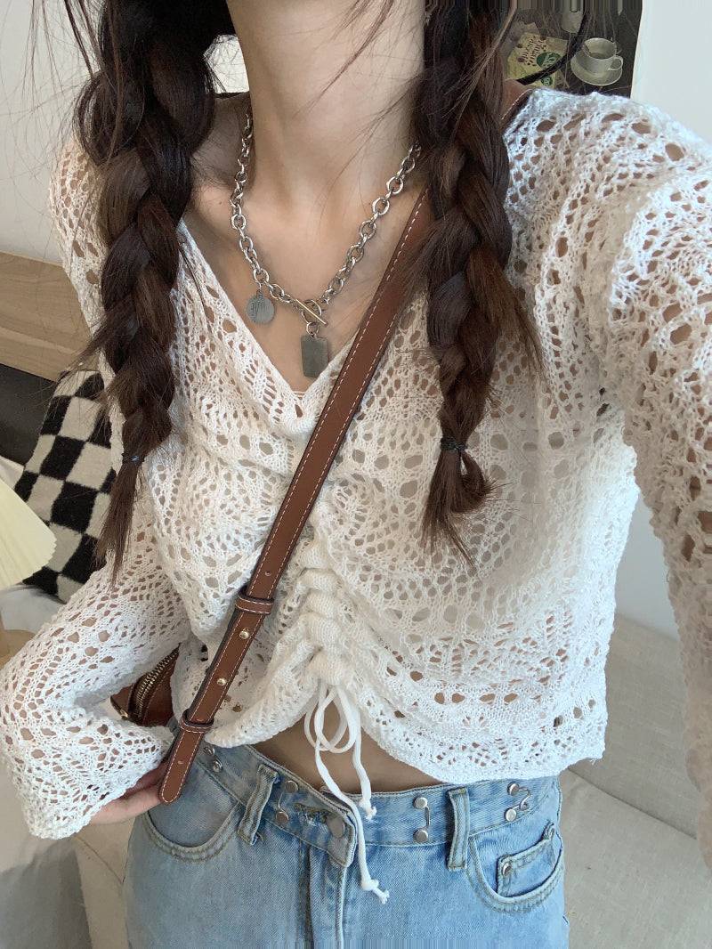 korean hollow-out knit pullover, lightweight summer knit top, v-neck drawstring knitwear, loose fit sun protection sweater, korean style summer layering top