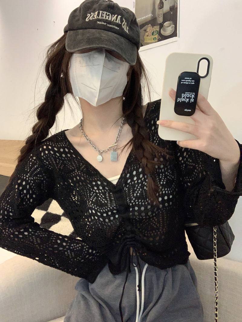 korean hollow-out knit pullover, lightweight summer knit top, v-neck drawstring knitwear, loose fit sun protection sweater, korean style summer layering top