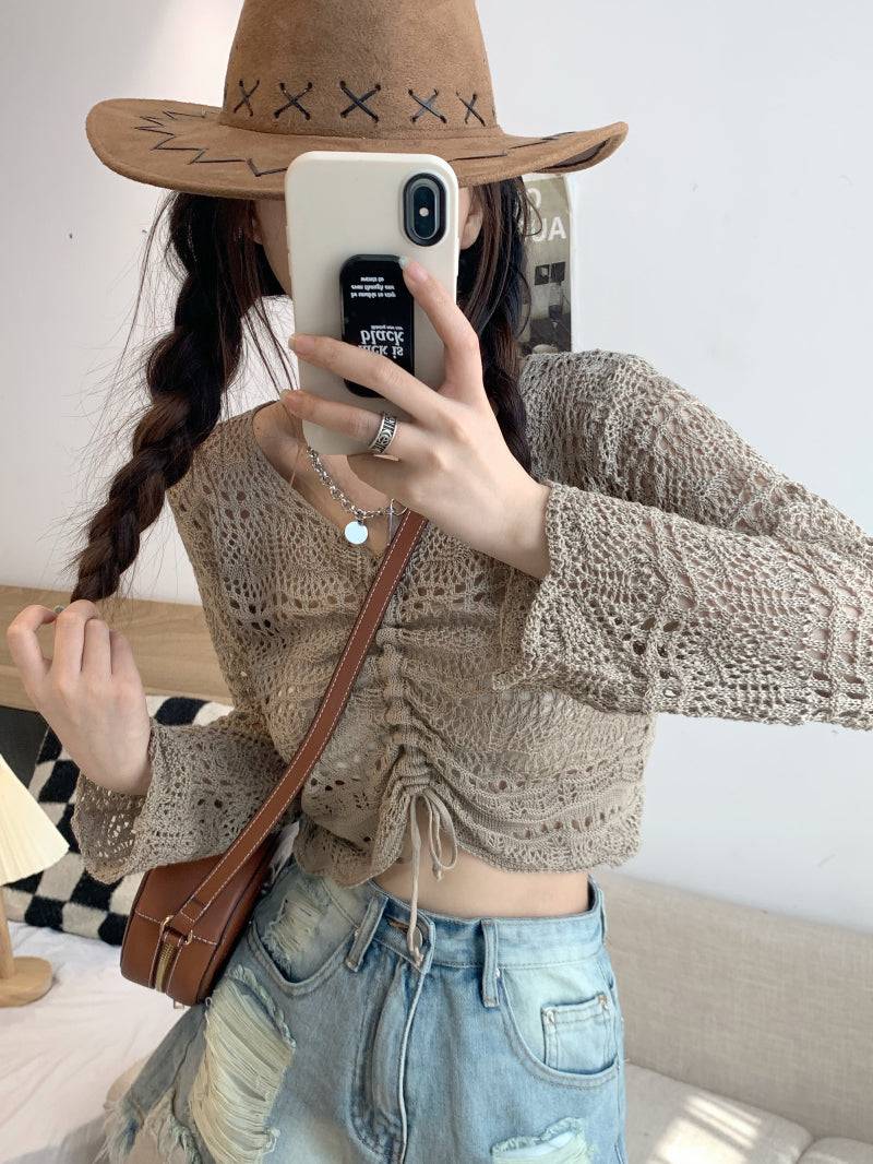 korean hollow-out knit pullover, lightweight summer knit top, v-neck drawstring knitwear, loose fit sun protection sweater, korean style summer layering top