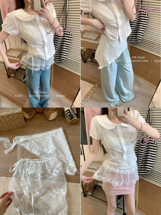 lace skirt overlay, apron style hip wrap, korean sweet girl fashion, layered mini skirt belt, y2k lace wrap skirt