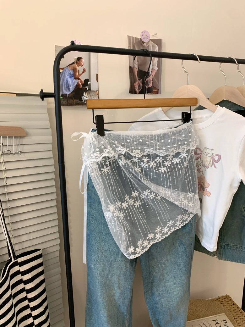 lace skirt overlay, apron style hip wrap, korean sweet girl fashion, layered mini skirt belt, y2k lace wrap skirt