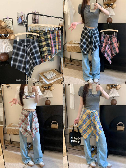 plaid skirt belt, layered wrap-around hip cover, y2k style waist wrap, preppy plaid skirt accessory, high street fashion belt