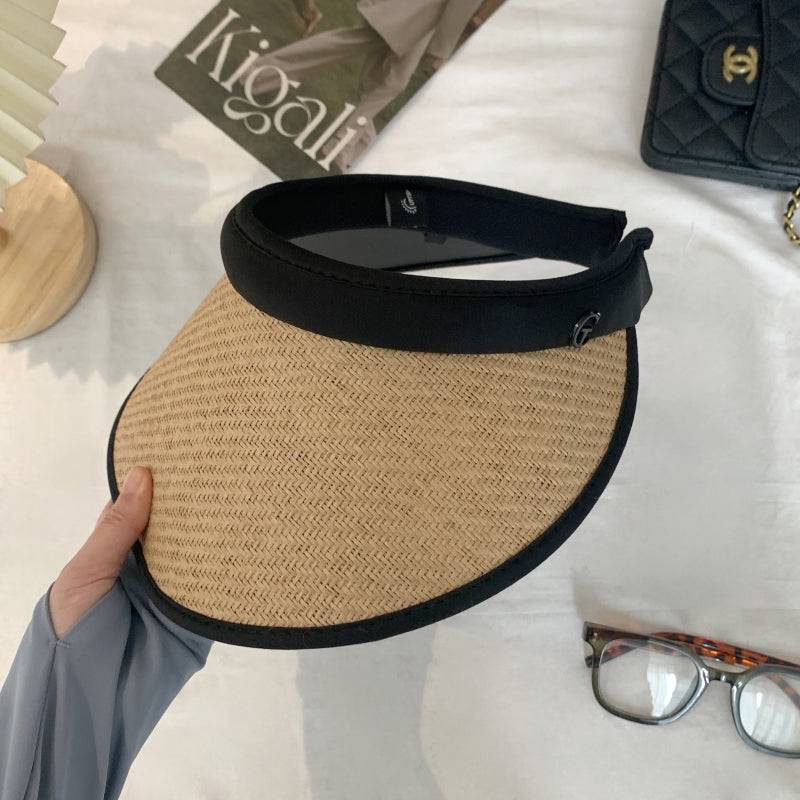 foldable visor hat, wide brim sun hat women, UV protection topless hat, summer straw visor cap, adjustable sunshade hat