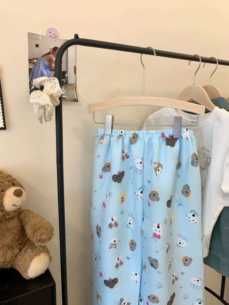 lightweight lounge pants women, cute summer sleepwear, pastel cartoon pajama pants, OOTDAY comfy loungewear, loose fit home pants for girls