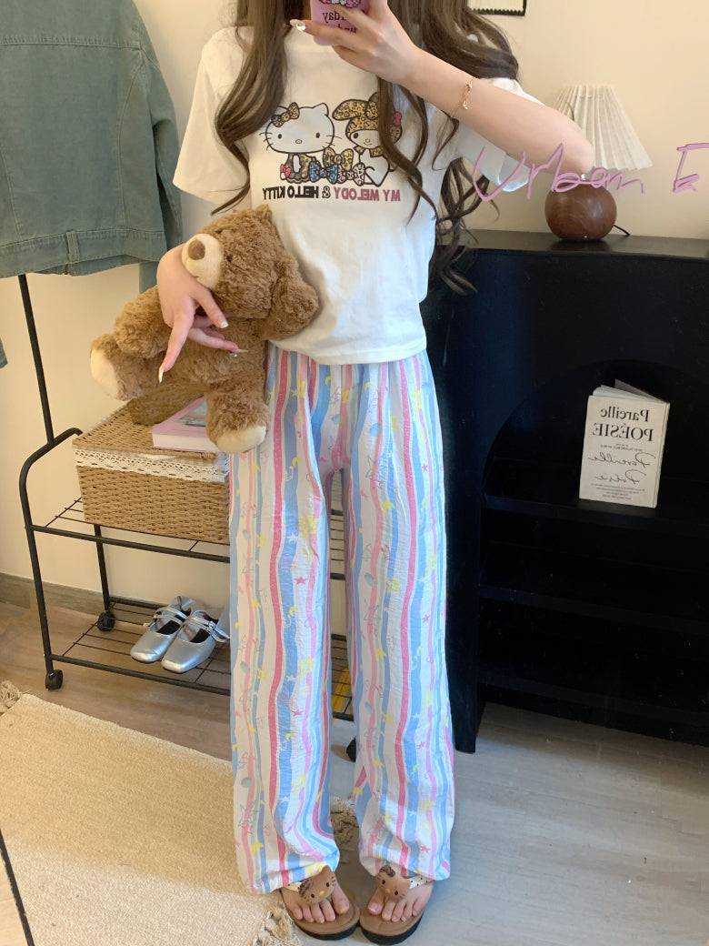 lightweight lounge pants women, cute summer sleepwear, pastel cartoon pajama pants, OOTDAY comfy loungewear, loose fit home pants for girls
