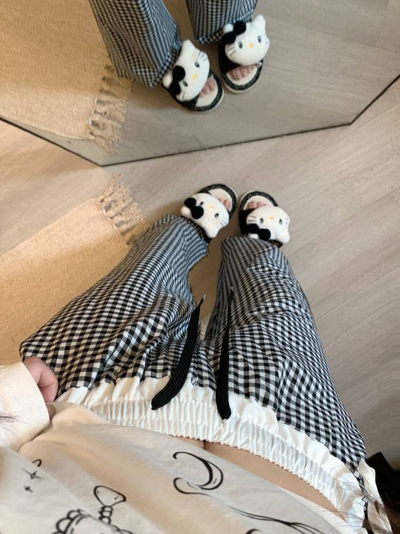 plaid wide-leg pants, summer lounge pants, kawaii casual trousers, women’s elastic waist pants, OOTDAY plaid pants