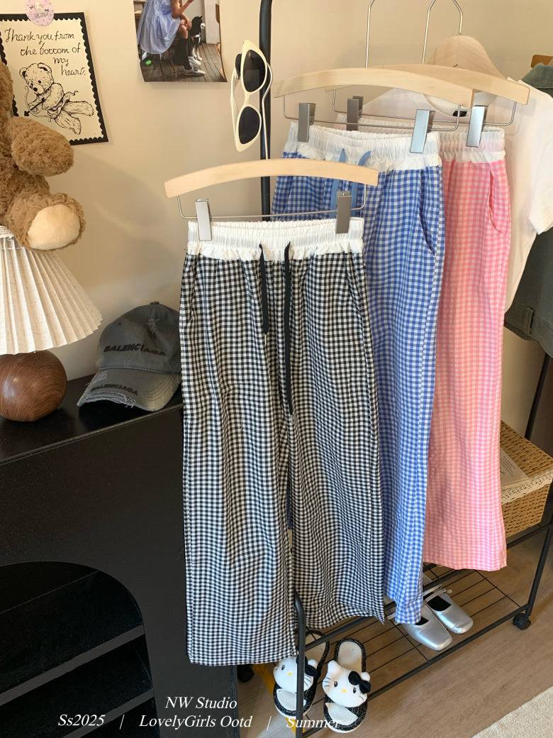 plaid wide-leg pants, summer lounge pants, kawaii casual trousers, women’s elastic waist pants, OOTDAY plaid pants