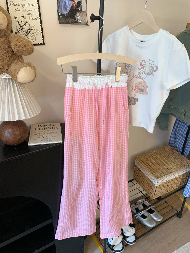 plaid wide-leg pants, summer lounge pants, kawaii casual trousers, women’s elastic waist pants, OOTDAY plaid pants