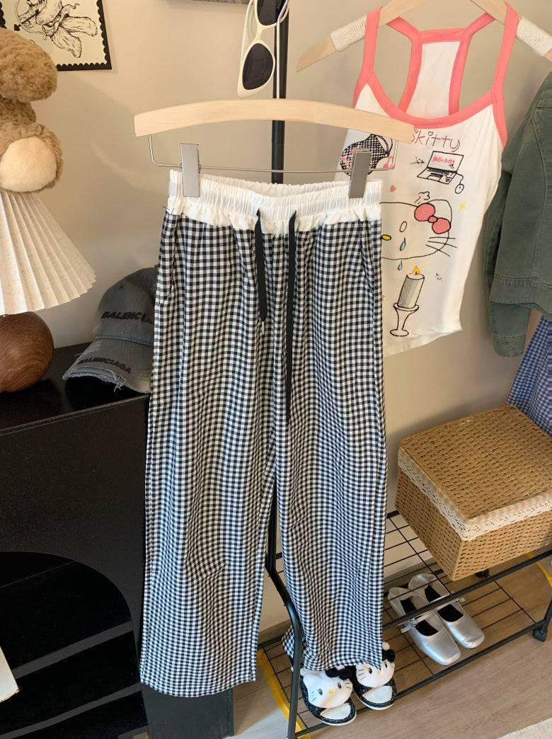 plaid wide-leg pants, summer lounge pants, kawaii casual trousers, women’s elastic waist pants, OOTDAY plaid pants