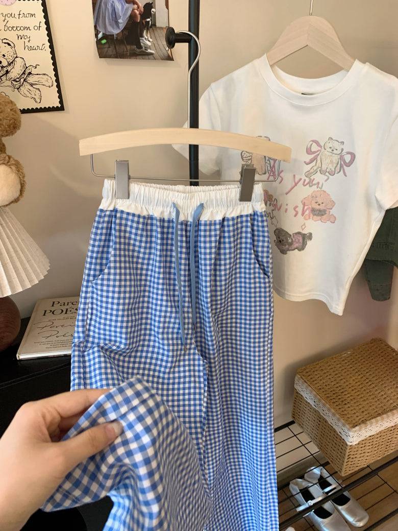 plaid wide-leg pants, summer lounge pants, kawaii casual trousers, women’s elastic waist pants, OOTDAY plaid pants
