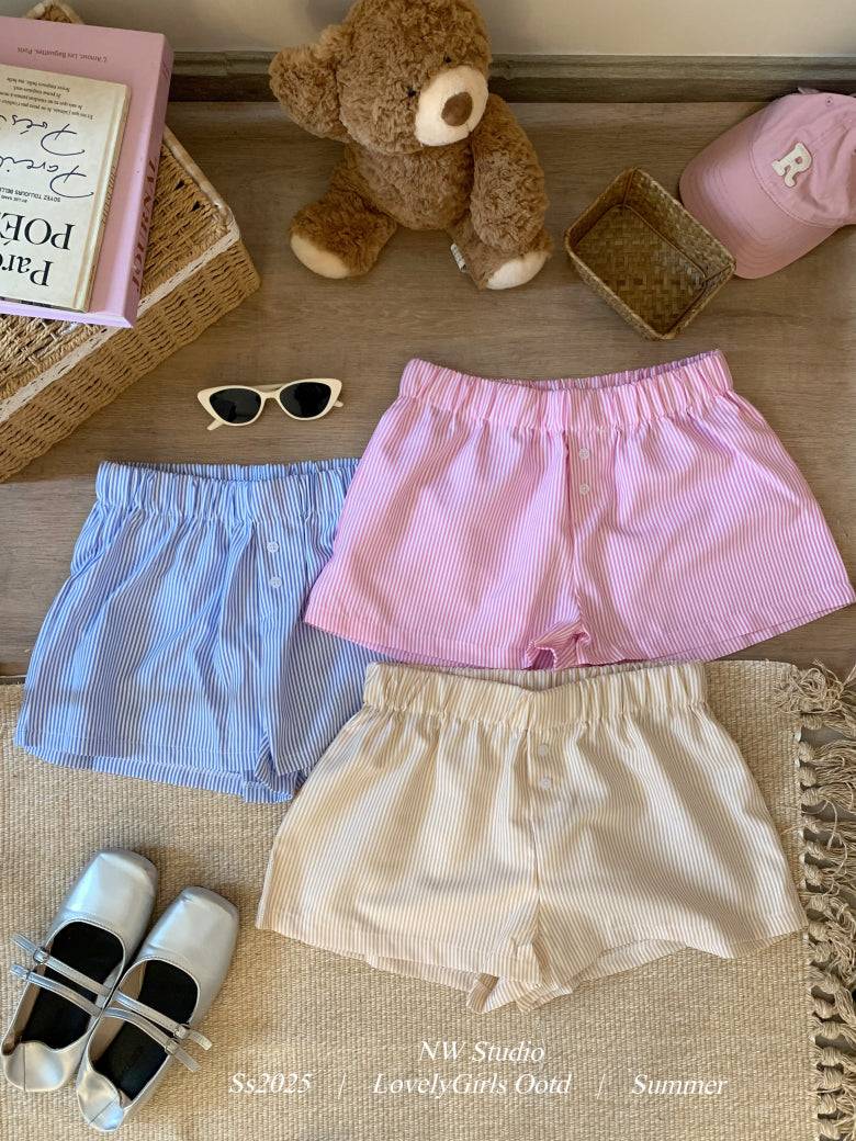 striped shorts, wide-leg shorts, Korean style summer shorts, pastel shorts for women, elastic waist shorts, button detail shorts, OOTDAY casual shorts, lightweight woven shorts, 2025 trendy shorts