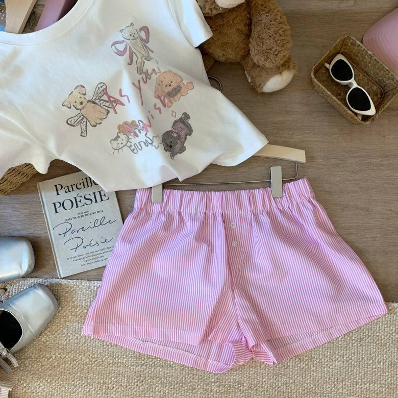 striped shorts, wide-leg shorts, Korean style summer shorts, pastel shorts for women, elastic waist shorts, button detail shorts, OOTDAY casual shorts, lightweight woven shorts, 2025 trendy shorts
