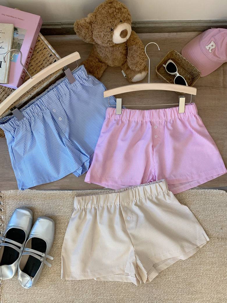 striped shorts, wide-leg shorts, Korean style summer shorts, pastel shorts for women, elastic waist shorts, button detail shorts, OOTDAY casual shorts, lightweight woven shorts, 2025 trendy shorts