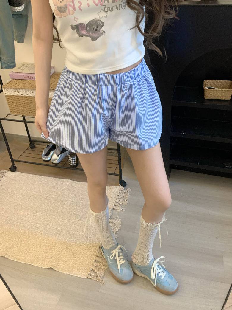 striped shorts, wide-leg shorts, Korean style summer shorts, pastel shorts for women, elastic waist shorts, button detail shorts, OOTDAY casual shorts, lightweight woven shorts, 2025 trendy shorts