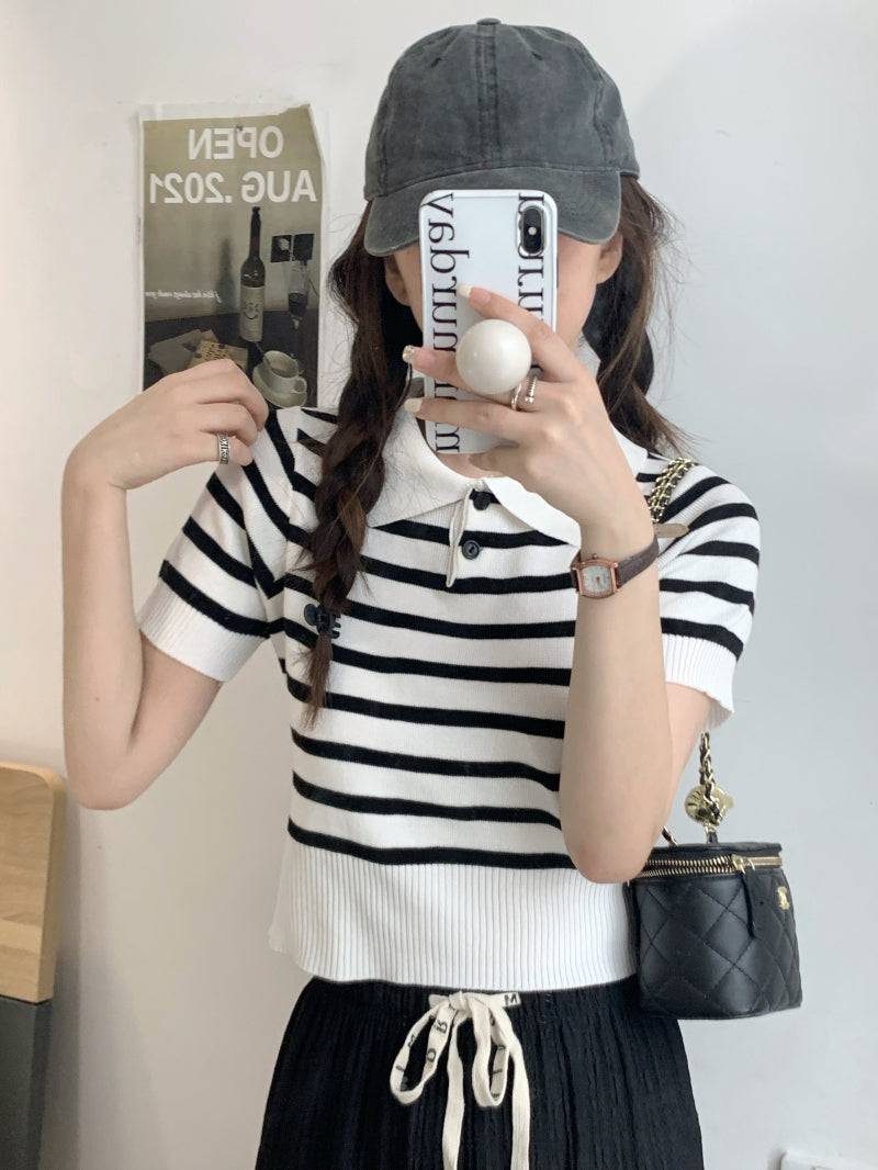 striped knit polo t-shirt, slim fit short sleeve top, contrast color summer tee, cute girl Korean fashion top, sweet style polo knitwear, backless halter knit shirt