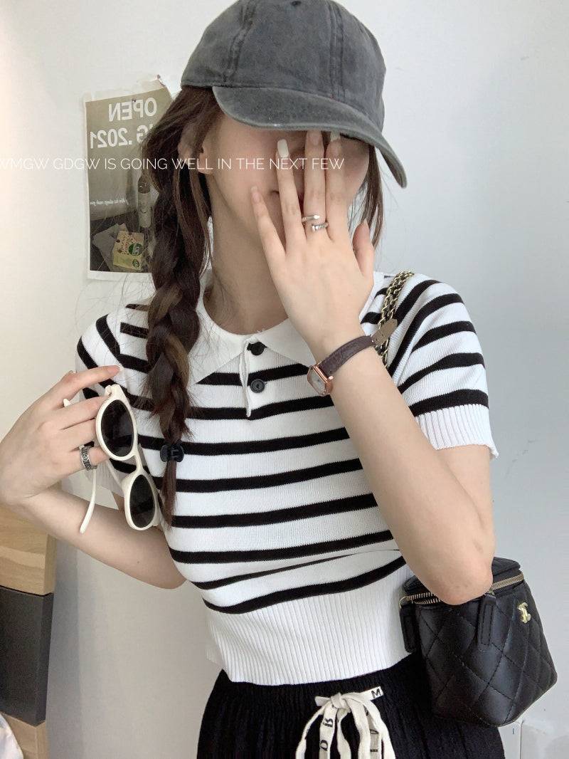 striped knit polo t-shirt, slim fit short sleeve top, contrast color summer tee, cute girl Korean fashion top, sweet style polo knitwear, backless halter knit shirt