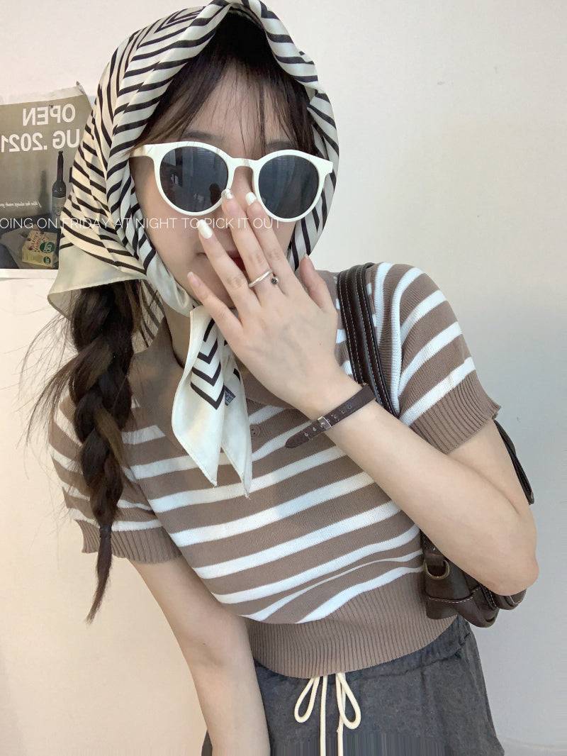 striped knit polo t-shirt, slim fit short sleeve top, contrast color summer tee, cute girl Korean fashion top, sweet style polo knitwear, backless halter knit shirt