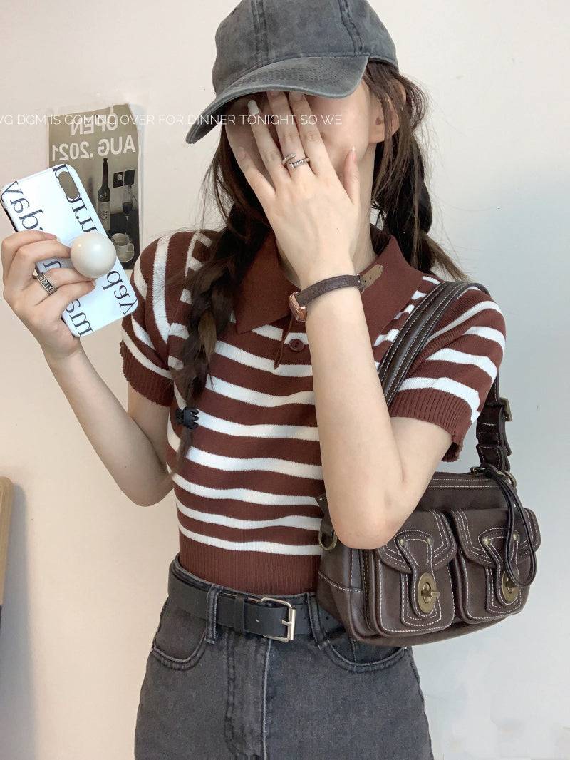 striped knit polo t-shirt, slim fit short sleeve top, contrast color summer tee, cute girl Korean fashion top, sweet style polo knitwear, backless halter knit shirt