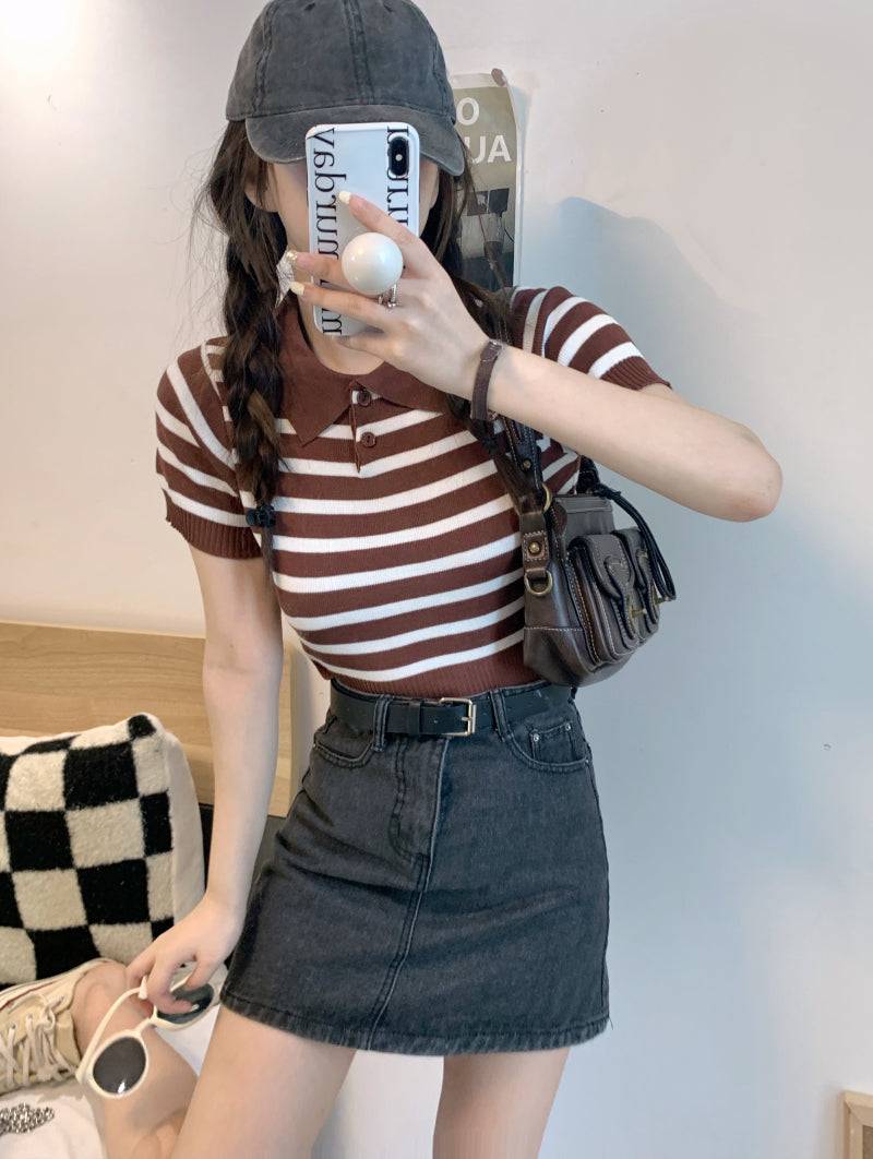 striped knit polo t-shirt, slim fit short sleeve top, contrast color summer tee, cute girl Korean fashion top, sweet style polo knitwear, backless halter knit shirt