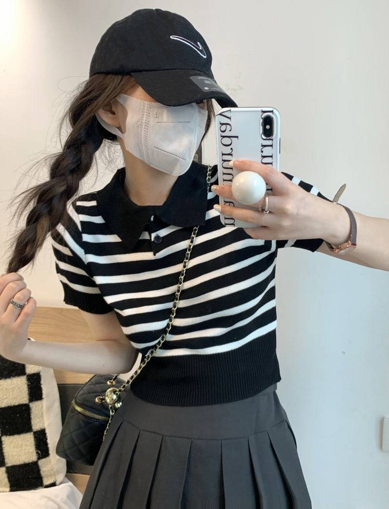 striped knit polo t-shirt, slim fit short sleeve top, contrast color summer tee, cute girl Korean fashion top, sweet style polo knitwear, backless halter knit shirt