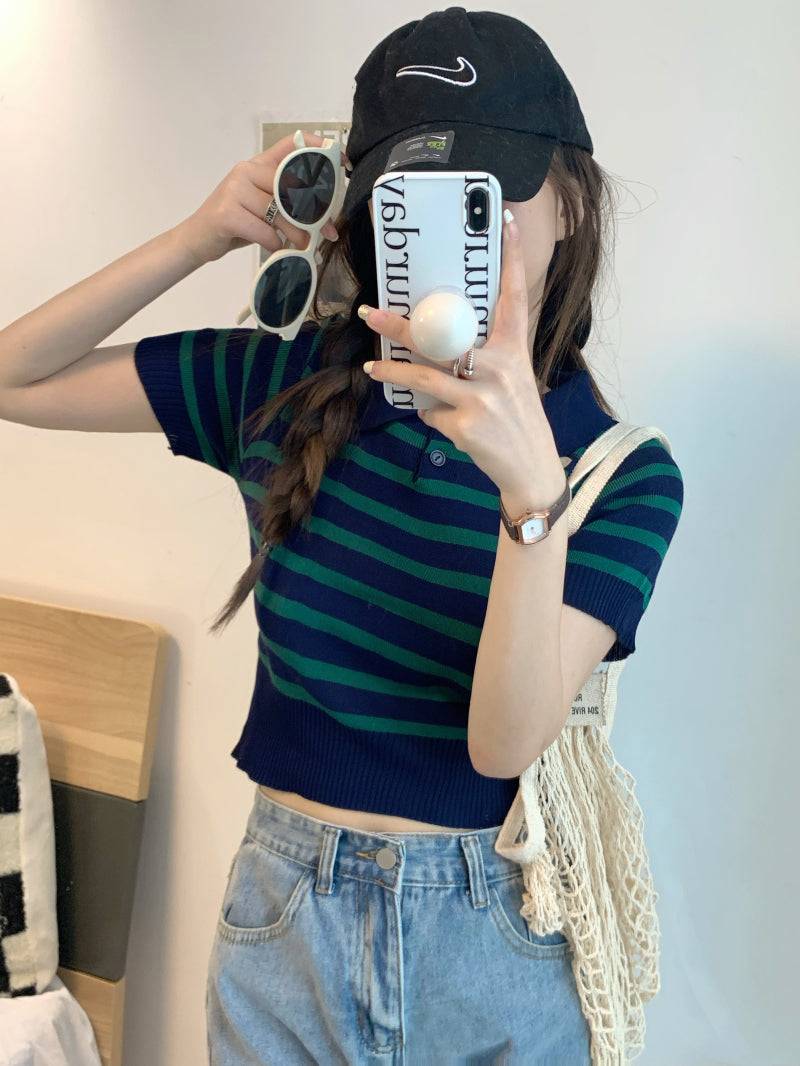 striped knit polo t-shirt, slim fit short sleeve top, contrast color summer tee, cute girl Korean fashion top, sweet style polo knitwear, backless halter knit shirt
