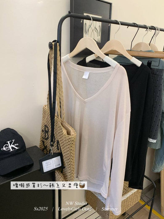 Lightweight sheer knit long sleeve tee, summer sun protection V-neck top, Korean style loose pullover, OOTDAY summer 2025
