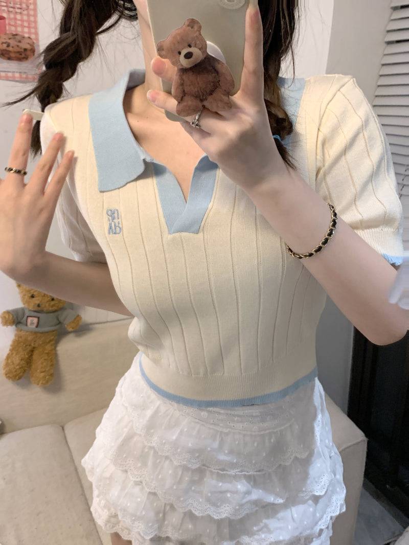 Korean polo collar knit top, pink ribbed short sleeve tee, slim fit embroidered summer shirt, preppy style OOTDAY fashion