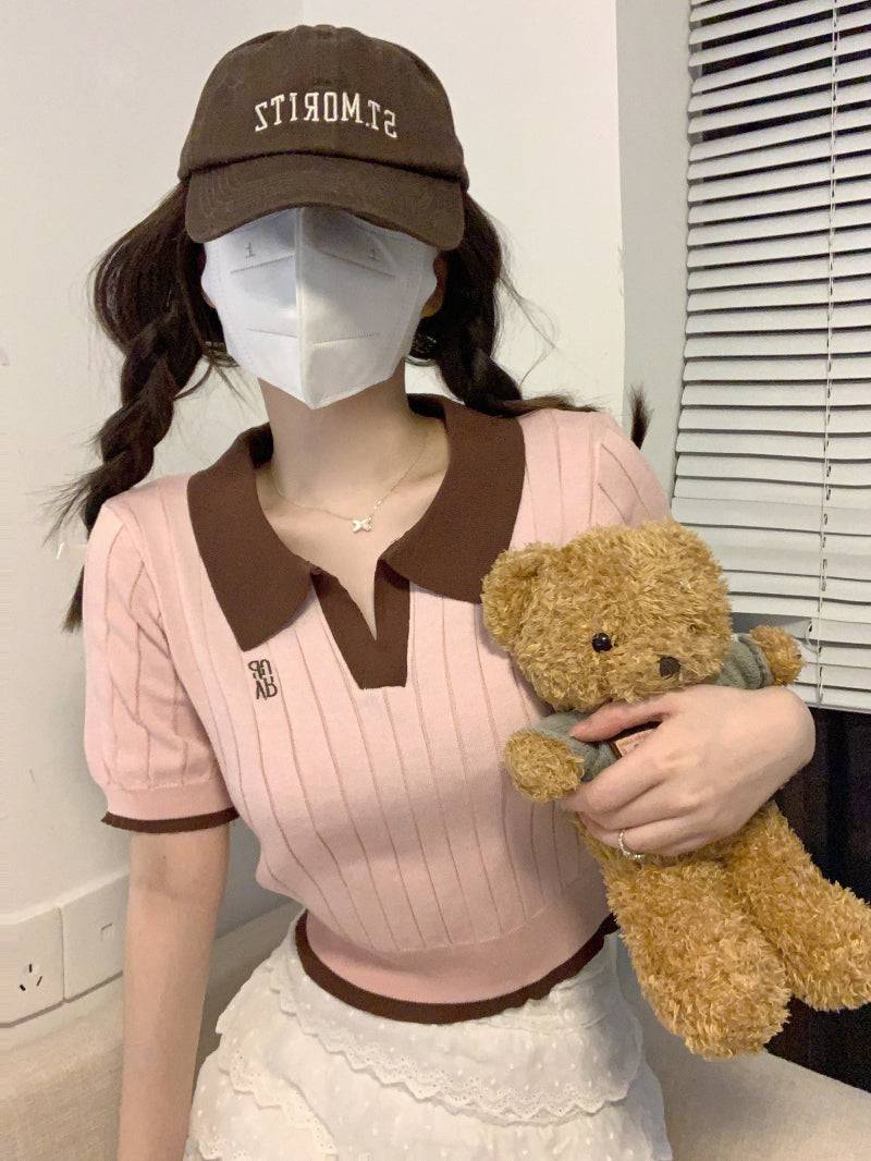 Korean polo collar knit top, pink ribbed short sleeve tee, slim fit embroidered summer shirt, preppy style OOTDAY fashion