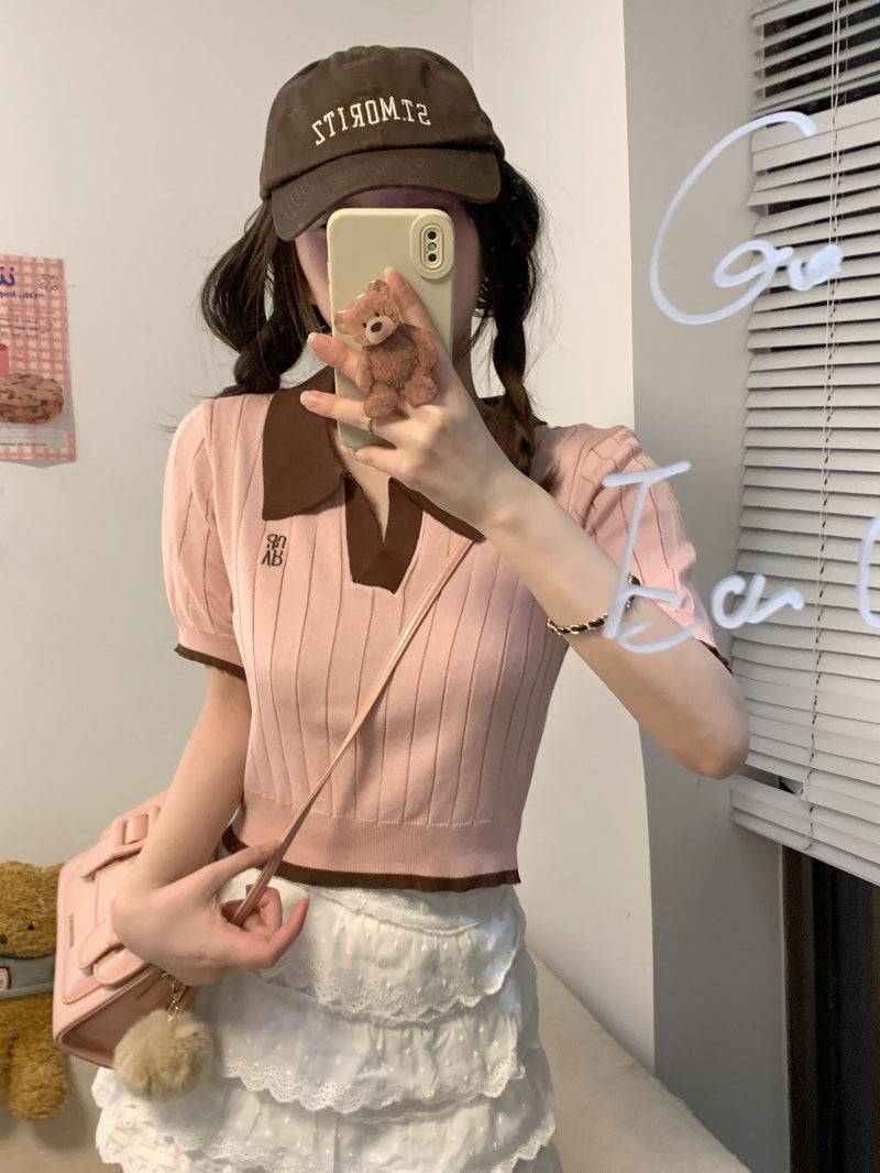 Korean polo collar knit top, pink ribbed short sleeve tee, slim fit embroidered summer shirt, preppy style OOTDAY fashion