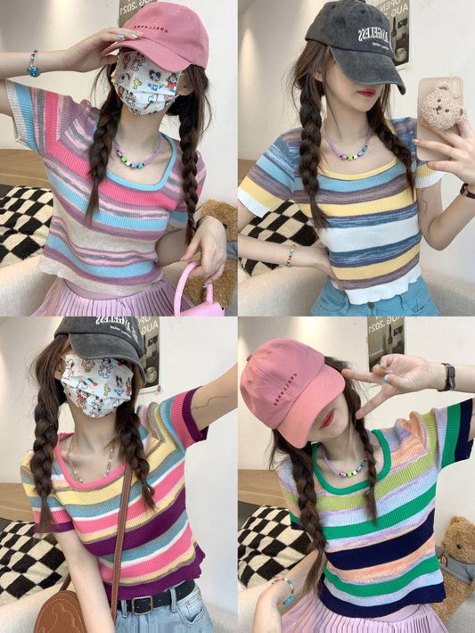 Striped knit cropped top, slim fit colorful tee, pastel summer shirt for girls, Korean sweet style fashion by OOTDAY