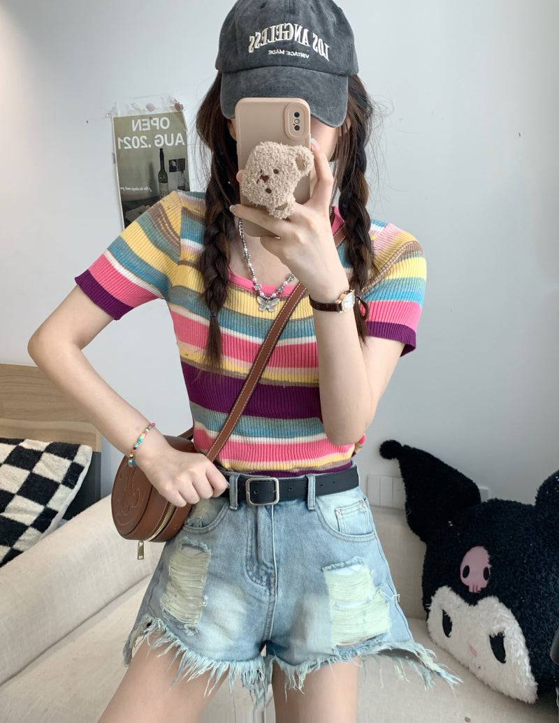 Striped knit cropped top, slim fit colorful tee, pastel summer shirt for girls, Korean sweet style fashion by OOTDAY