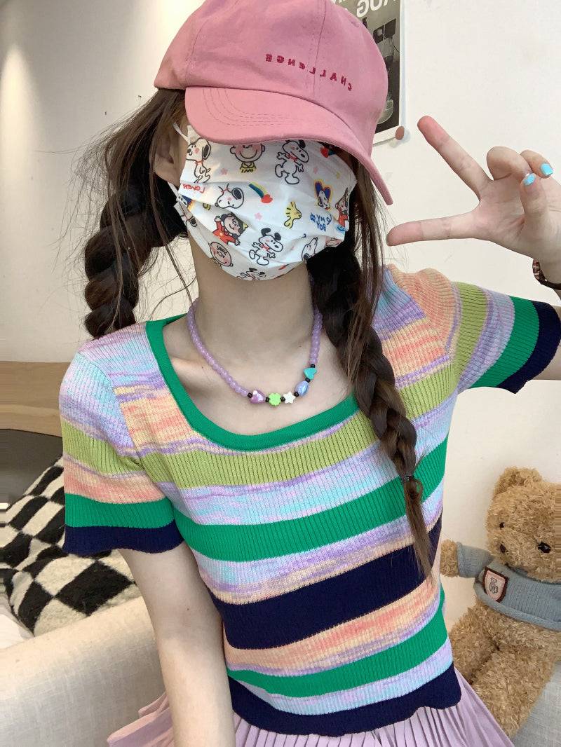 Striped knit cropped top, slim fit colorful tee, pastel summer shirt for girls, Korean sweet style fashion by OOTDAY