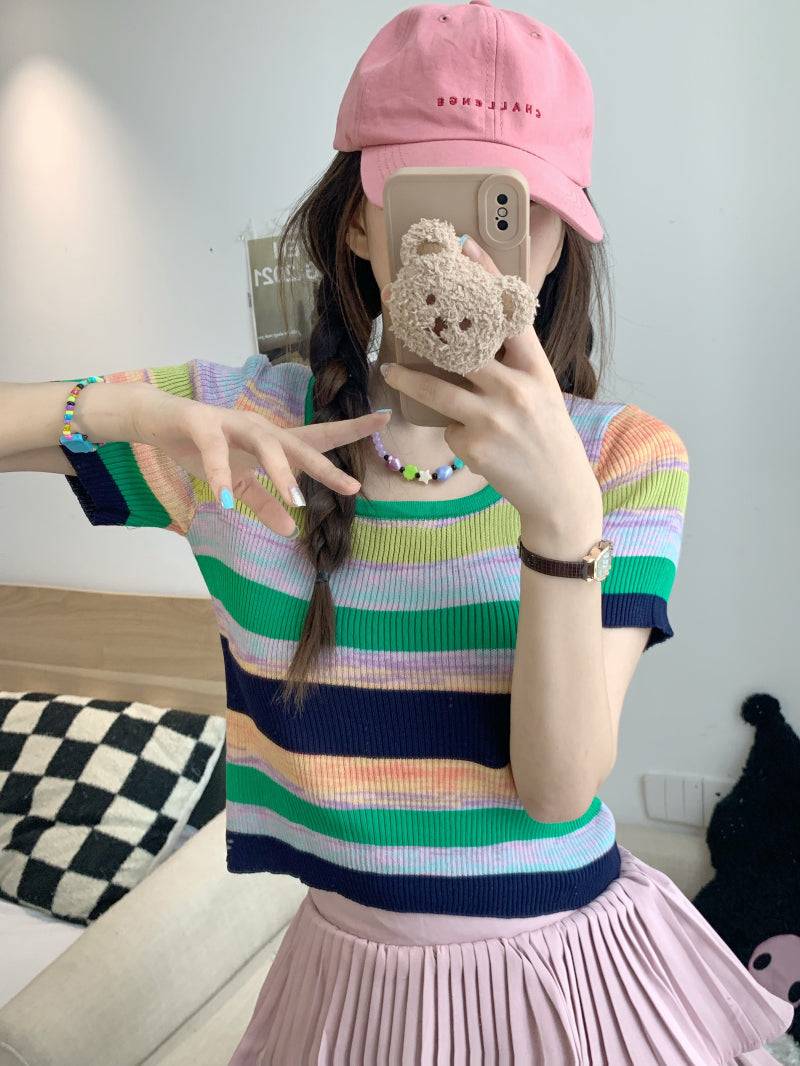 Striped knit cropped top, slim fit colorful tee, pastel summer shirt for girls, Korean sweet style fashion by OOTDAY