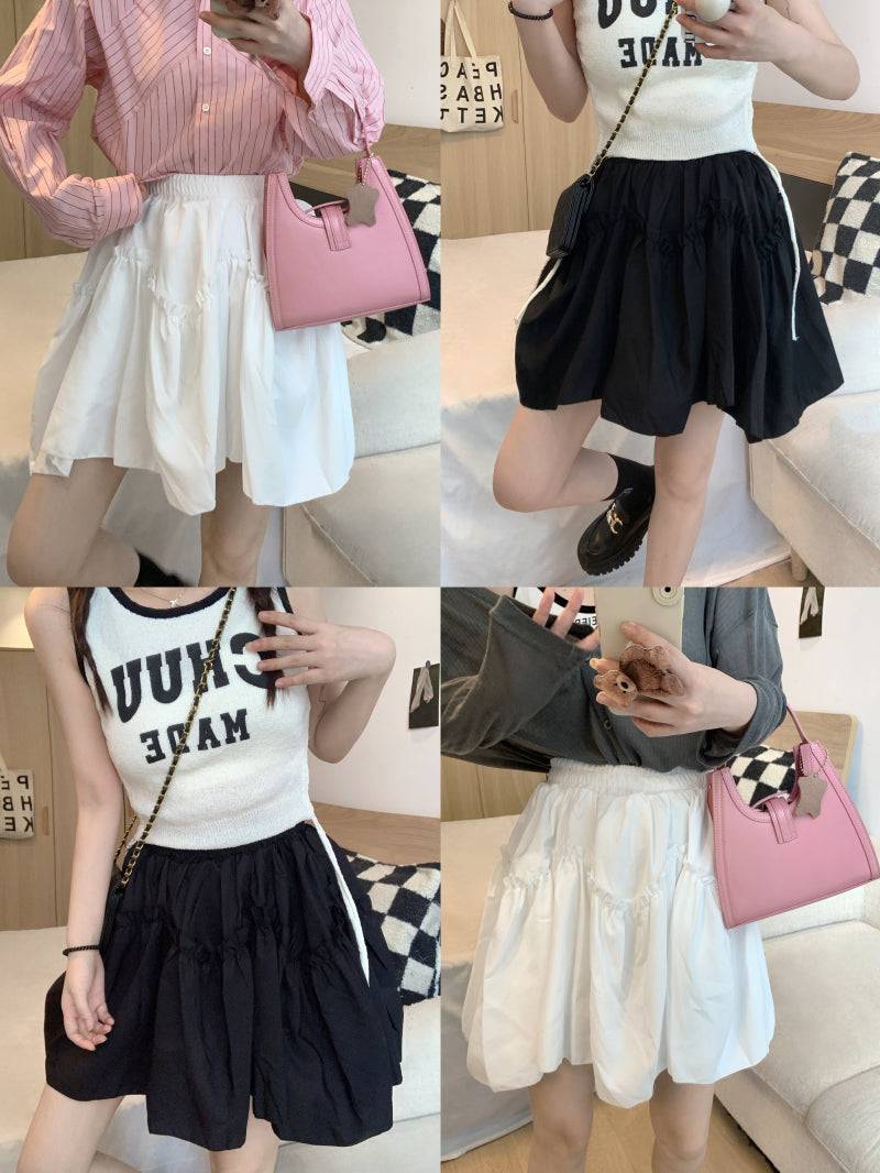 French layered ruffle skirt, high-waisted A-line mini skirt, cream and black skirt for petite girls, sweet preppy fashion by OOTDAY