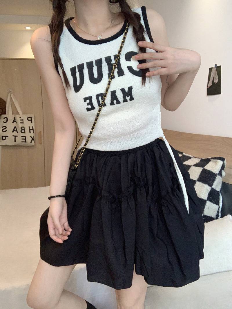 French layered ruffle skirt, high-waisted A-line mini skirt, cream and black skirt for petite girls, sweet preppy fashion by OOTDAY