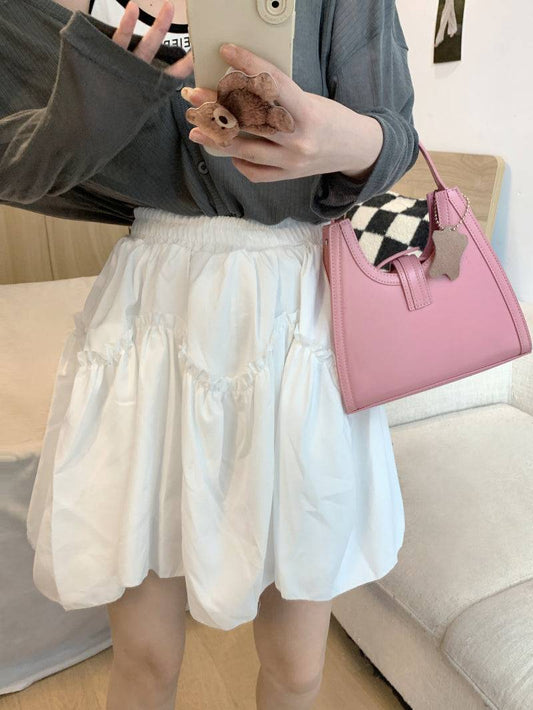 French layered ruffle skirt, high-waisted A-line mini skirt, cream and black skirt for petite girls, sweet preppy fashion by OOTDAY