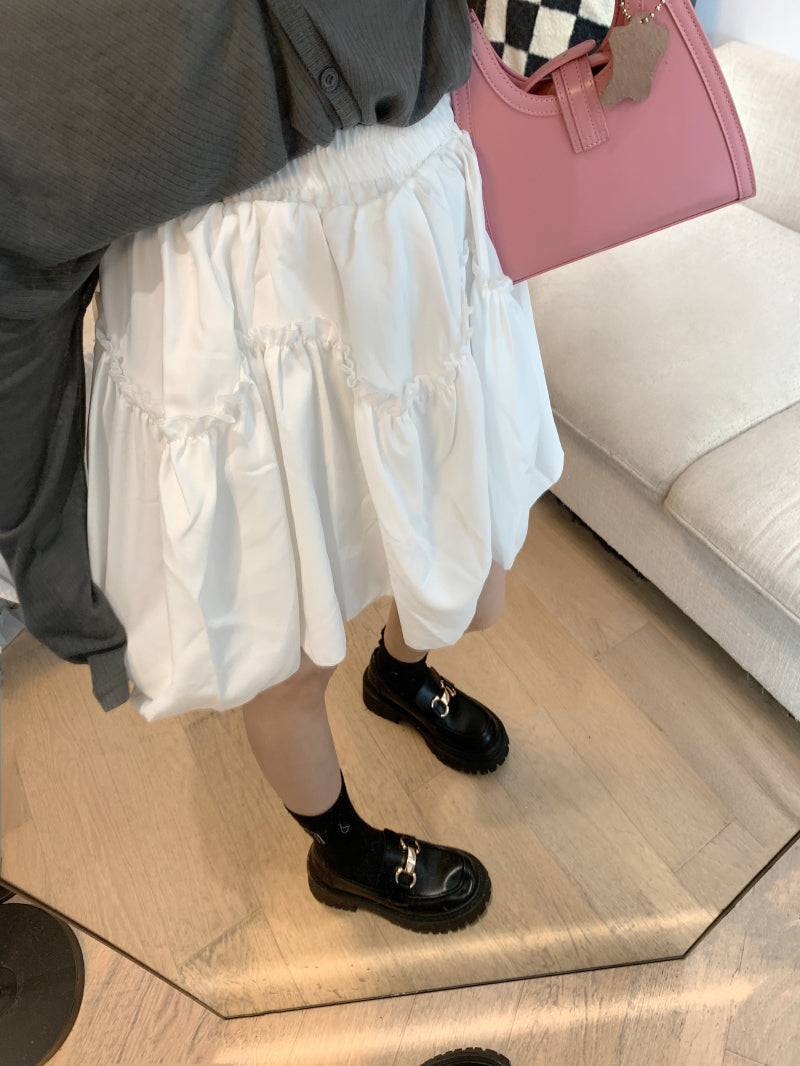 French layered ruffle skirt, high-waisted A-line mini skirt, cream and black skirt for petite girls, sweet preppy fashion by OOTDAY